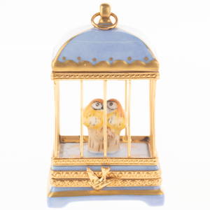 French Limoges Hand Painted Porcelain Bird Cage Trinket Box With Gilt Bird Clasp