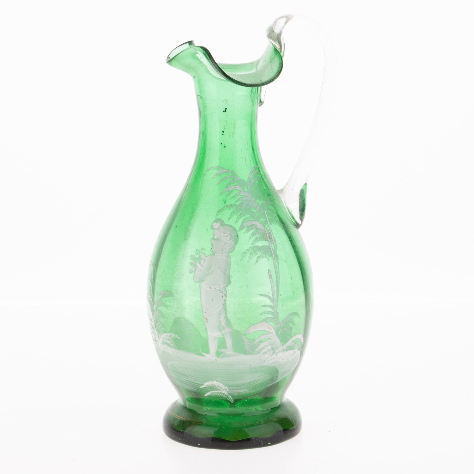 Antique Mary Gregory Hand Enamelled Green Glass Pitcher 19Th Century (1 of 5)