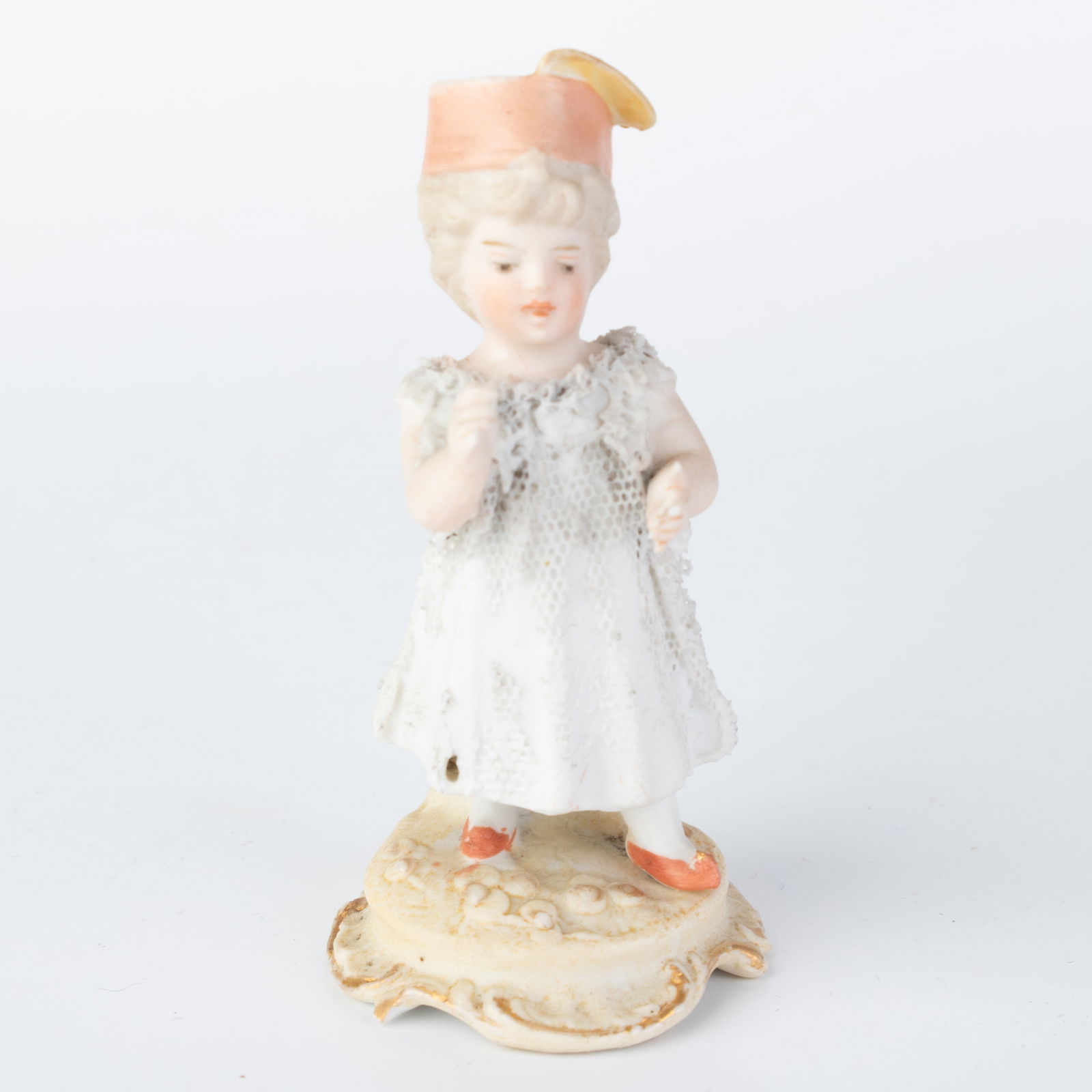Antique German Bisque Porcelain Hand Painted Figurine Of A Little Girl With Fez Hat 19Th Century: (Height: 8.0 cm, Width: 4.0 cm) It is the responsibility of the Buyer to carefully examine each lot and form their own judgment regarding its condition, description, provenance, and authenticity prior