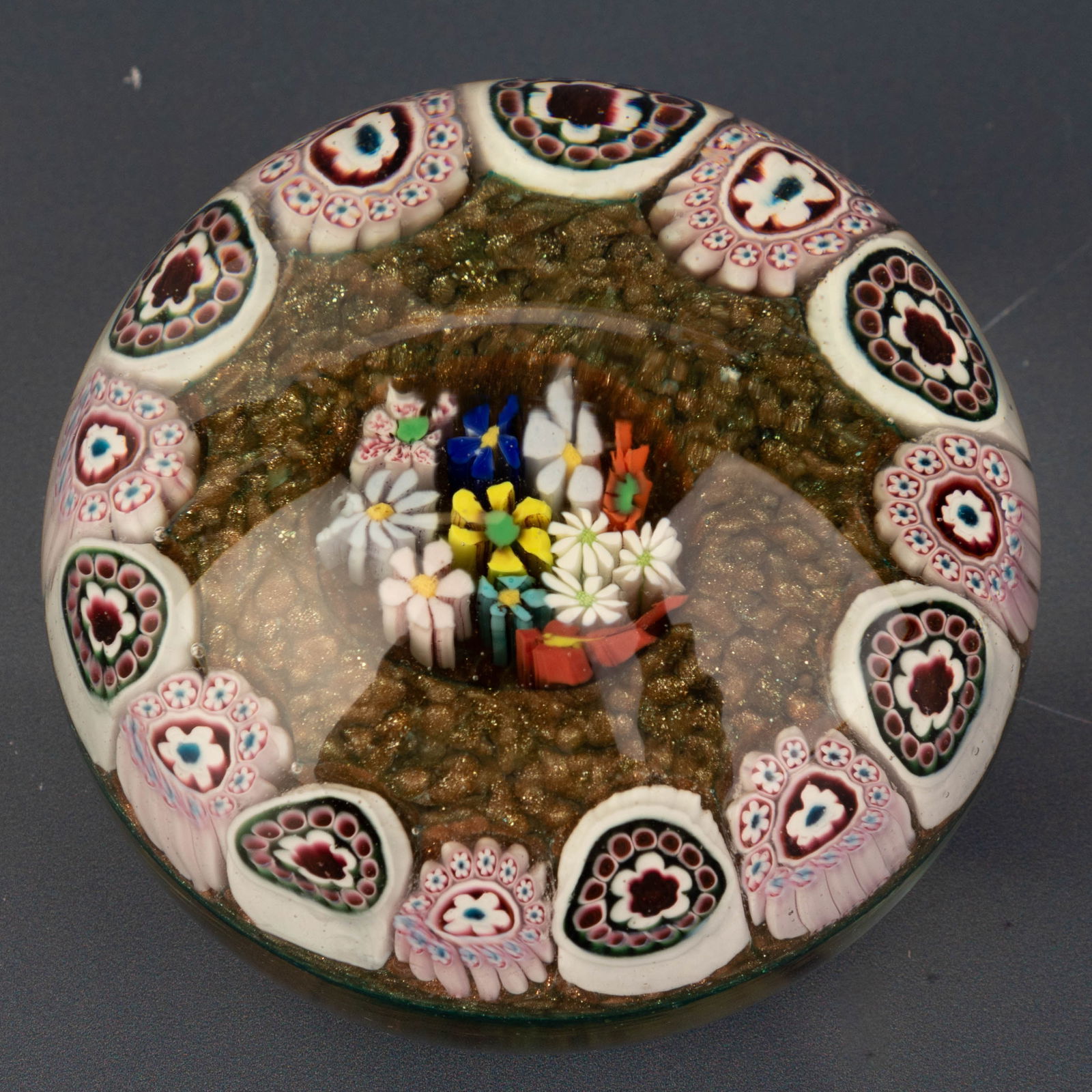 Mid Century Hand Blown Murano Venetian Gold Aventurine Glass Millefiori Paperweight: (Height: 6.0 cm, Width: 7.0 cm) It is the responsibility of the Buyer to carefully examine each lot and form their own judgment regarding its condition, description, provenance, and authenticity prior