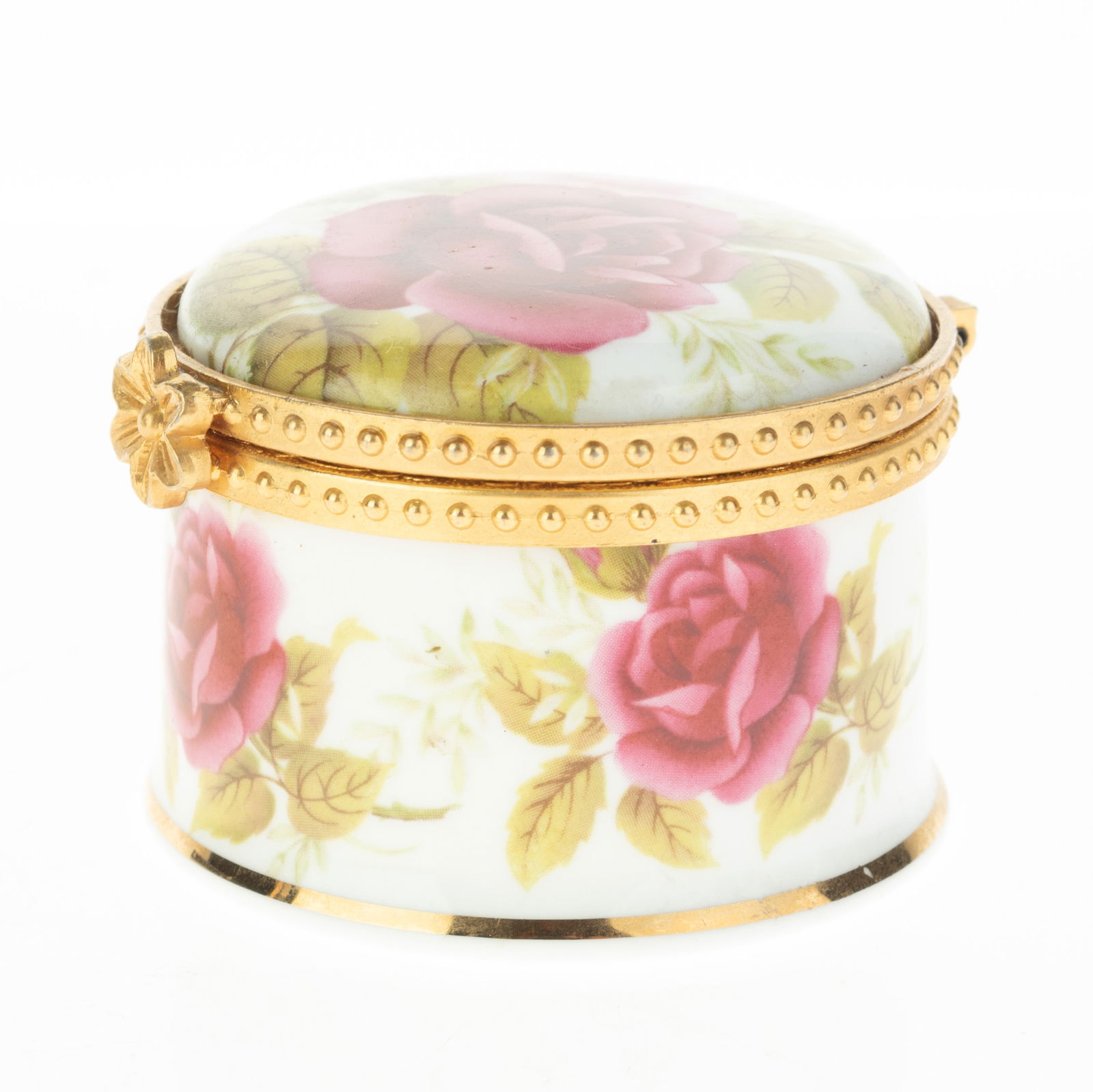 Mid Century Vintage Fenton Fine Porcelain Roses Pill Box With Gilt Floral Clasp (1 of 3)