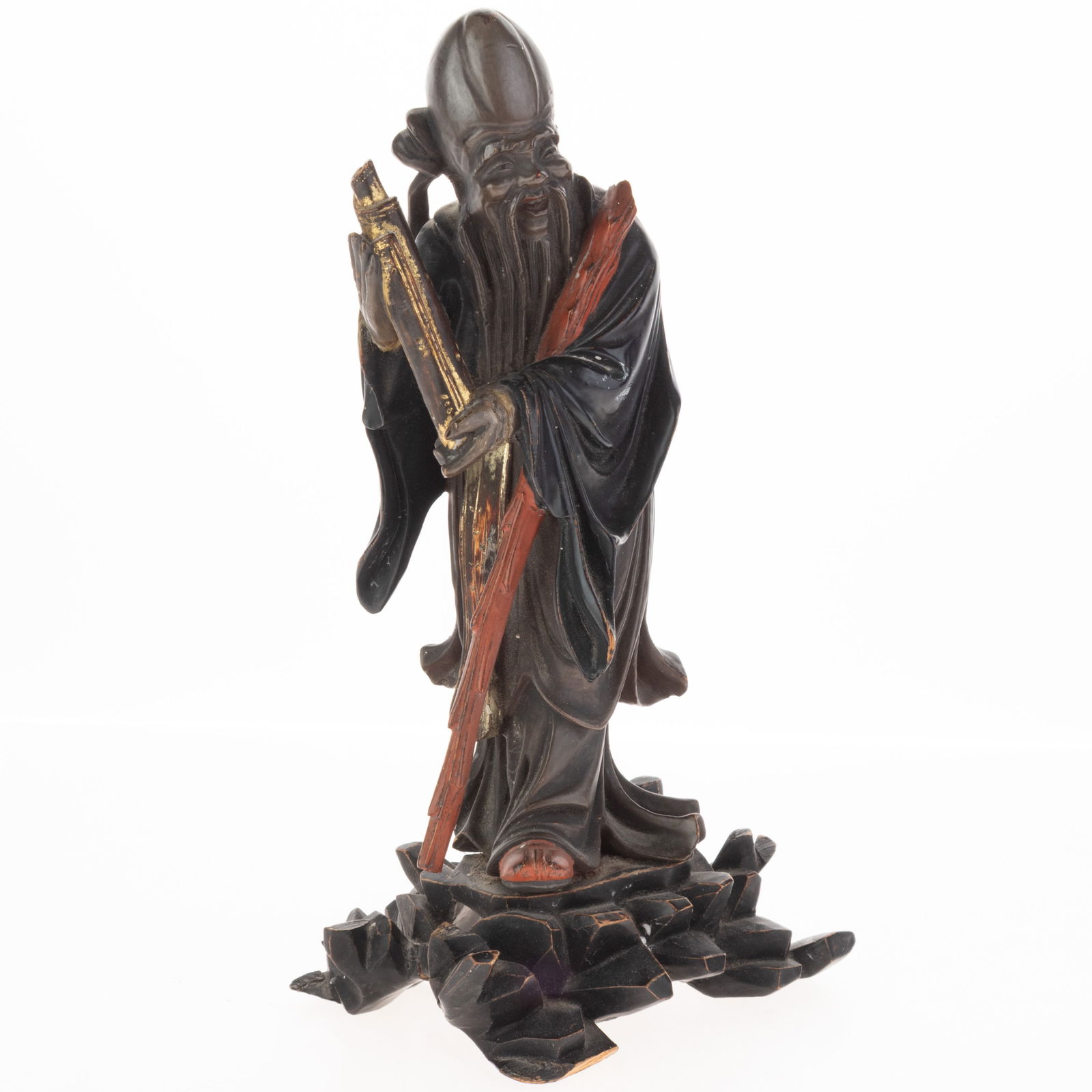 Antique Chinese Hand Carved Polychrome Lacquered Wood Statue Of Shoulao God Of Longevity (1 of 5)