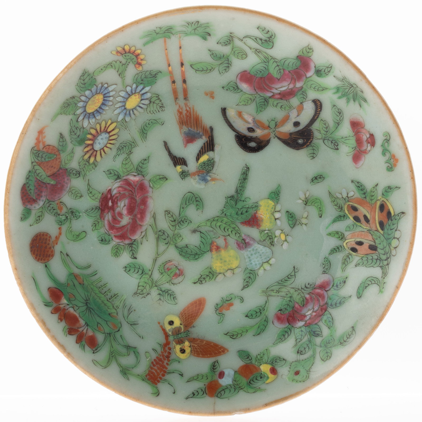 Antique Chinese Canton Export Hand Painted Famille Rose Celadon Porcelain Plate 19Th Century (1 of 5)