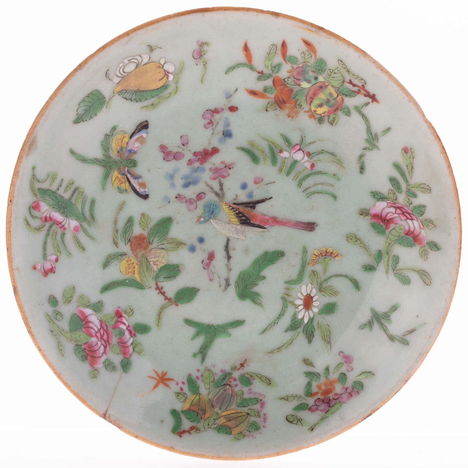 Antique Chinese Canton Export Hand Painted Famille Rose Celadon Porcelain Plate 19Th Century (1 of 5)