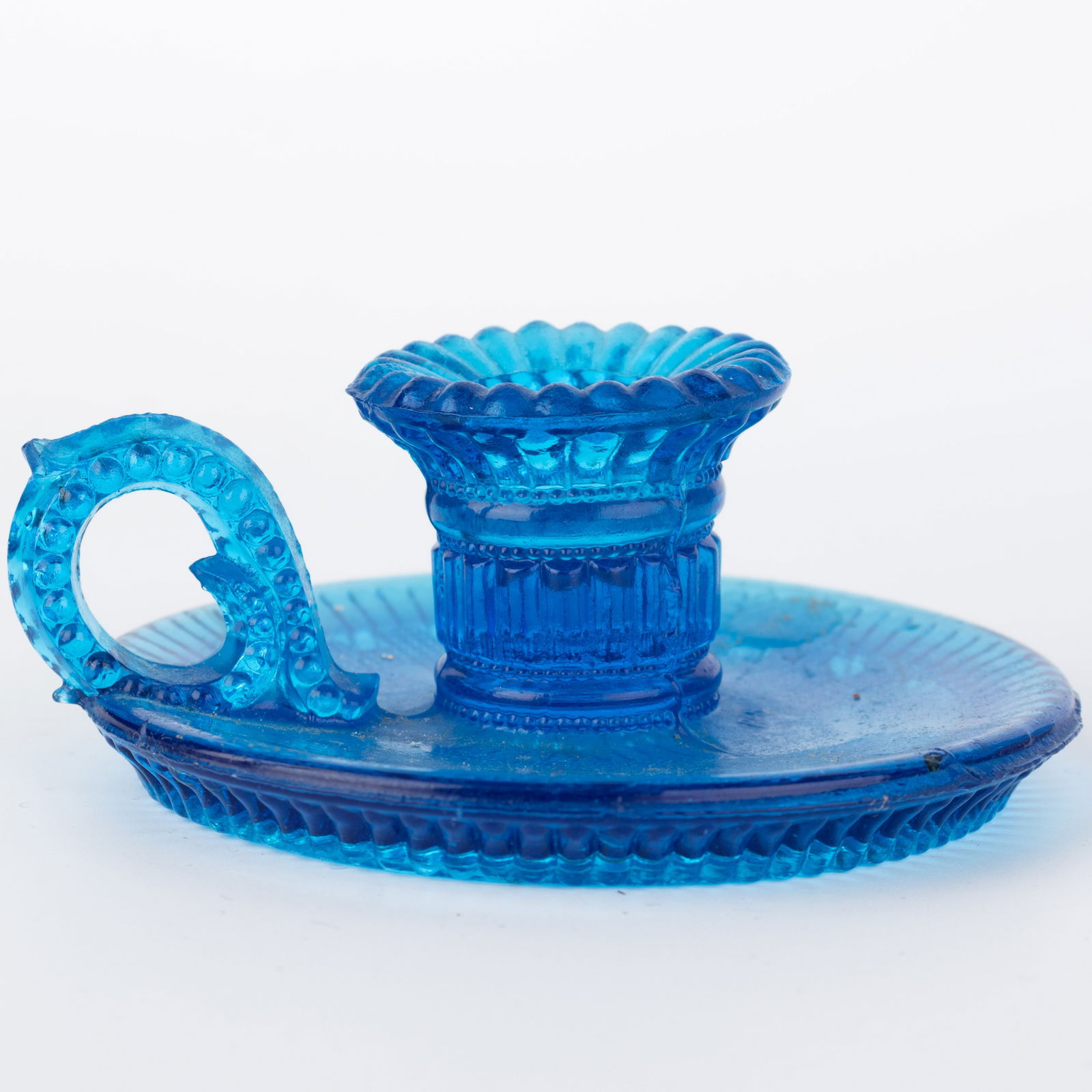 Art Deco 1930'S Pressed Blue Glass "Good Night" Chamberstick Candle Holder (1 of 6)