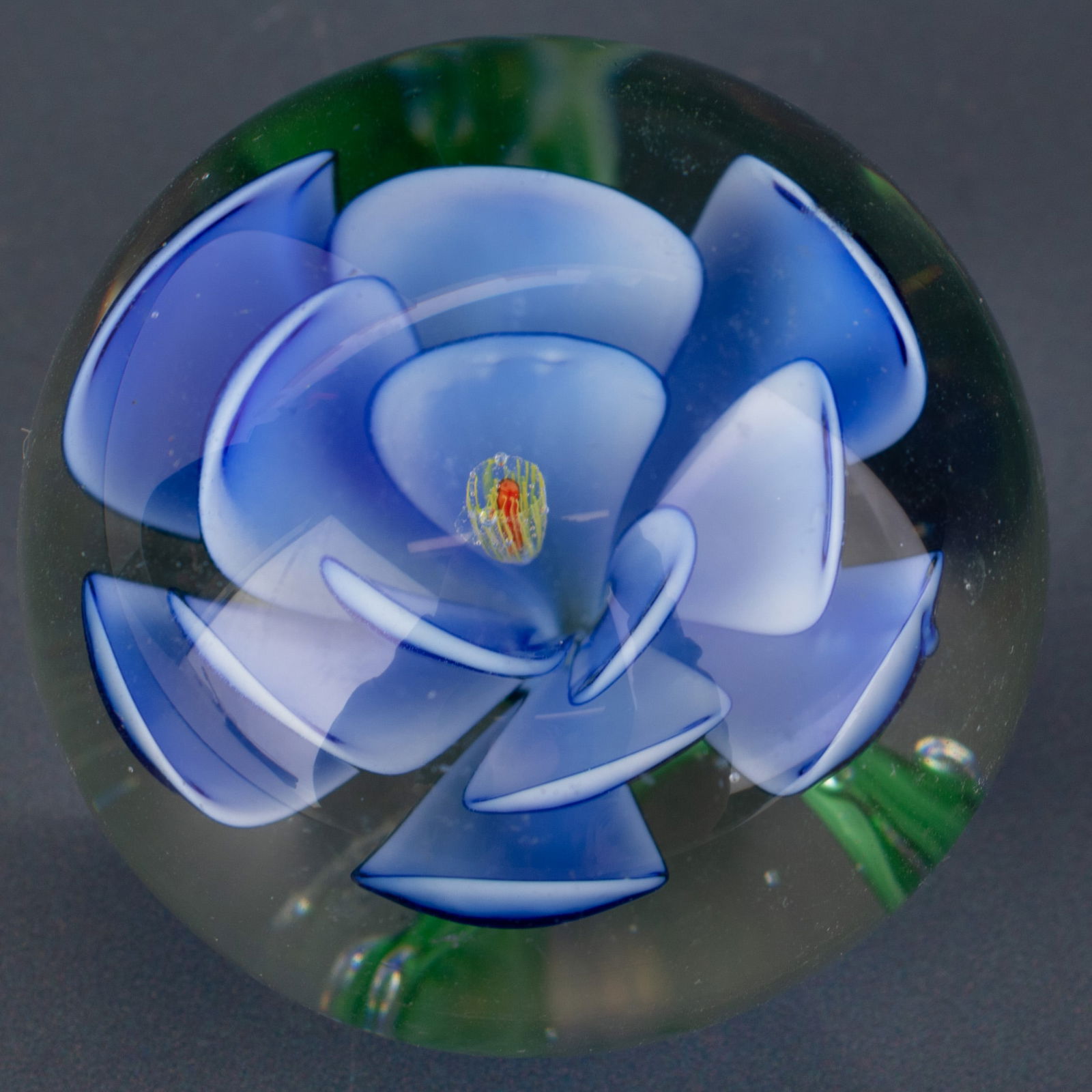 Mid Century Vintage Hand Blown Glass Blue Flower Paperweight (1 of 5)