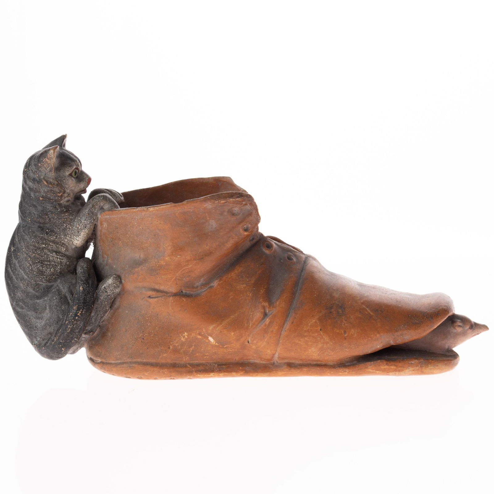 Antique German Hand Painted Bisque Porcelain Cat And Mice Old Boot Figurine Model Early 20Th Century: (Height: 9.0 cm, Width: 19.5 cm) It is the responsibility of the Buyer to carefully examine each lot and form their own judgment regarding its condition, description, provenance, and authenticity prio