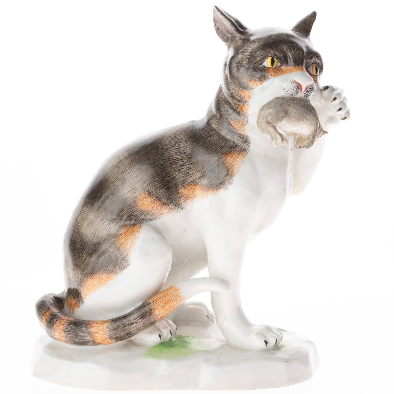 Antique Late 19Th Century Meissen Hand Painted German Porcelain Seated Cat Figure With Mouse In Its: (Height: 19.0 cm, Width: 16.0 cm) It is the responsibility of the Buyer to carefully examine each lot and form their own judgment regarding its condition, description, provenance, and authenticity pri