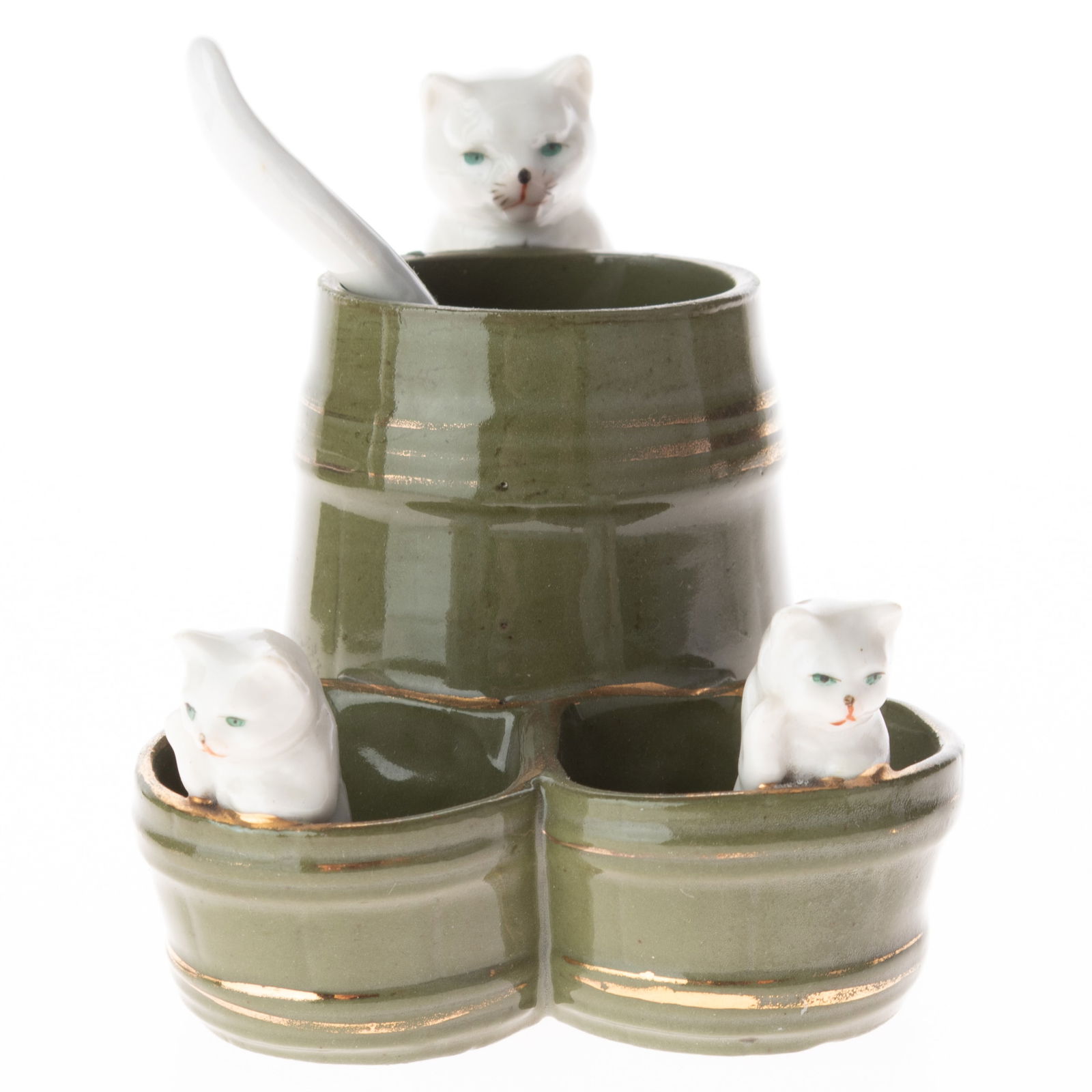 Antique German Hand Painted Bisque Porcelain Cat Salt Cellars Figure Group Model Early 20Th Century (1 of 5)