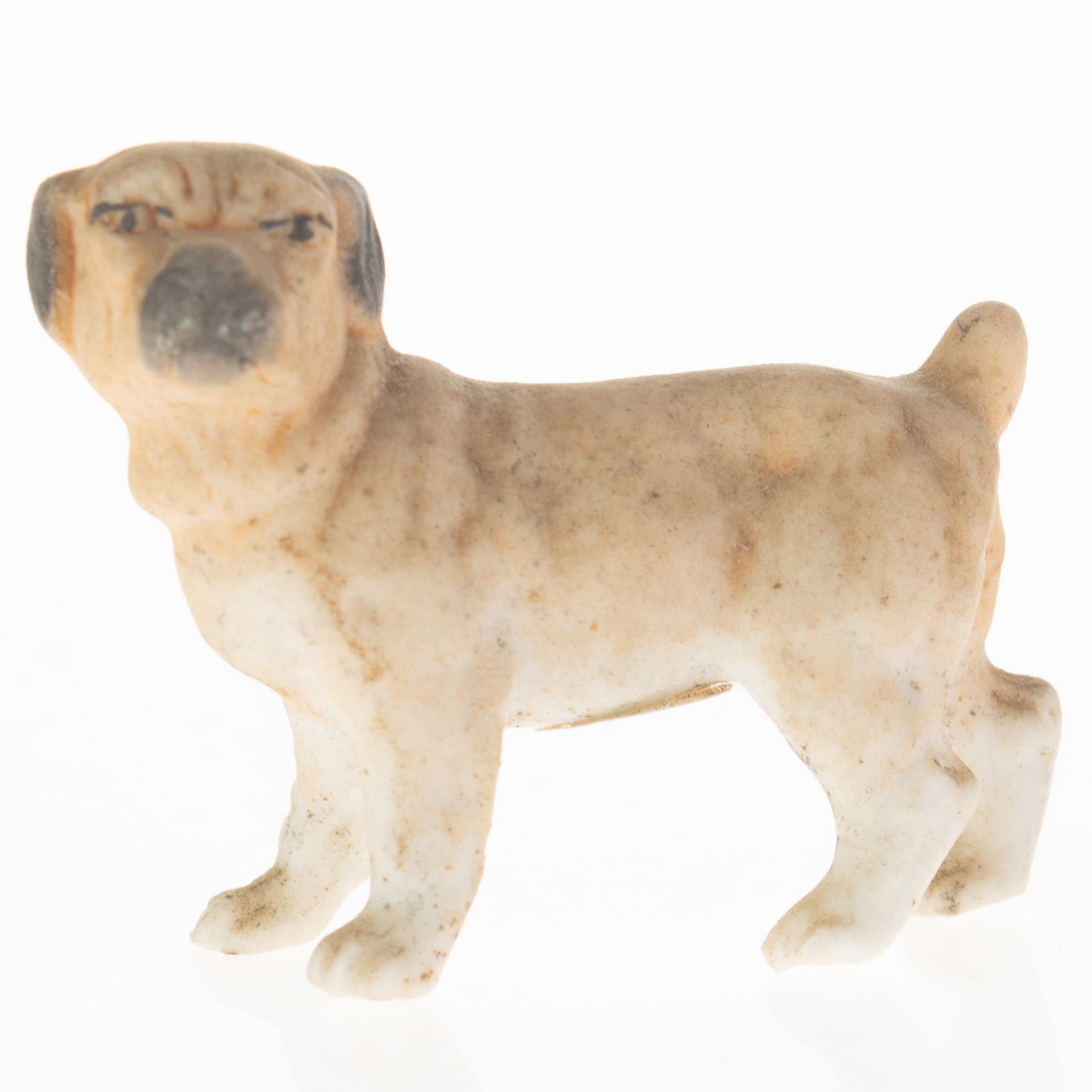 Antique German Hand Painted Bisque Porcelain Bulldog Figurine Model Early 20Th Century: (Height: 3.1 cm, Width: 4.2 cm) It is the responsibility of the Buyer to carefully examine each lot and form their own judgment regarding its condition, description, provenance, and authenticity prior