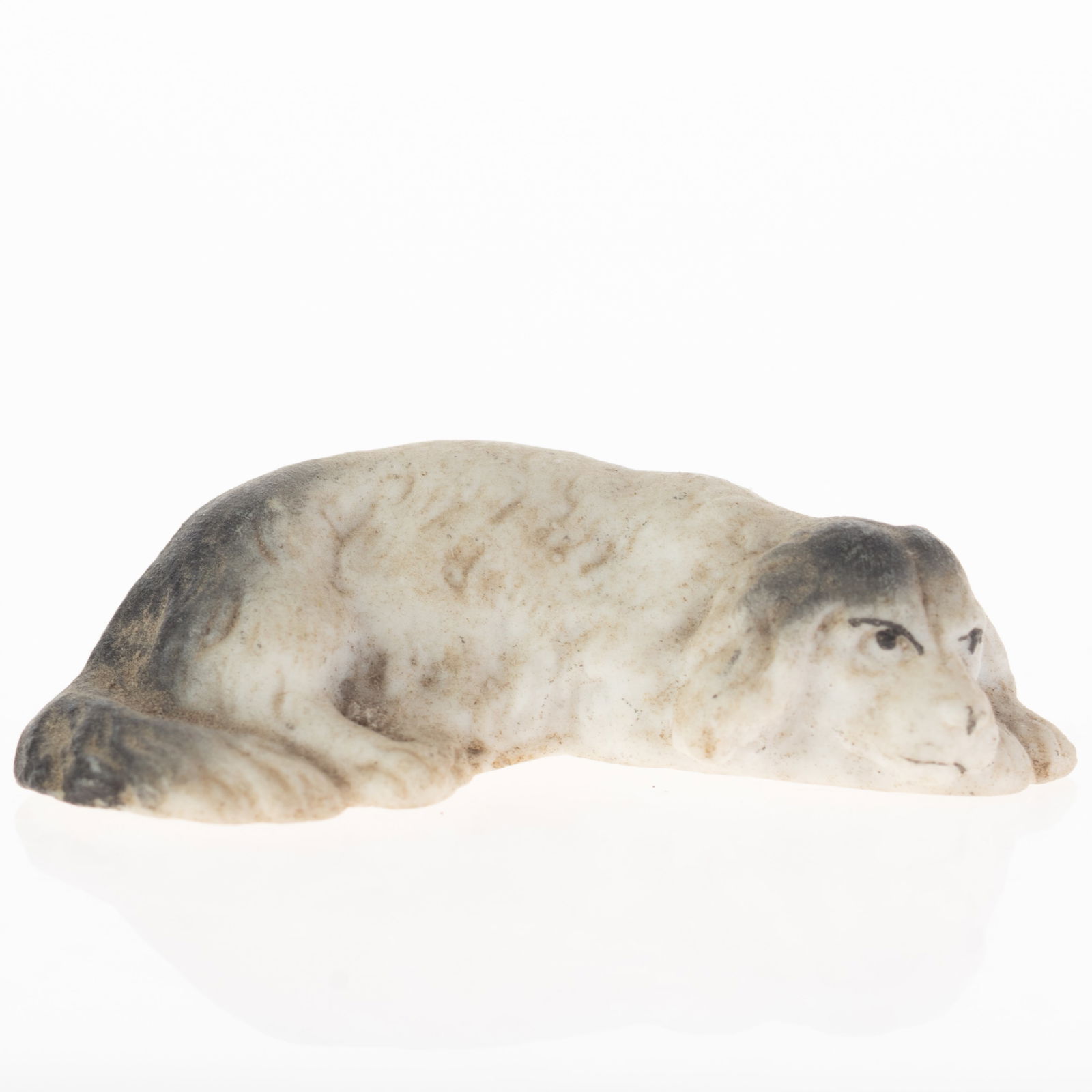 Antique German Hand Painted Bisque Porcelain Recumbent Dog Figurine Model Early 20Th Century: (Height: 0.9 cm, Width: 4.1 cm) It is the responsibility of the Buyer to carefully examine each lot and form their own judgment regarding its condition, description, provenance, and authenticity prior
