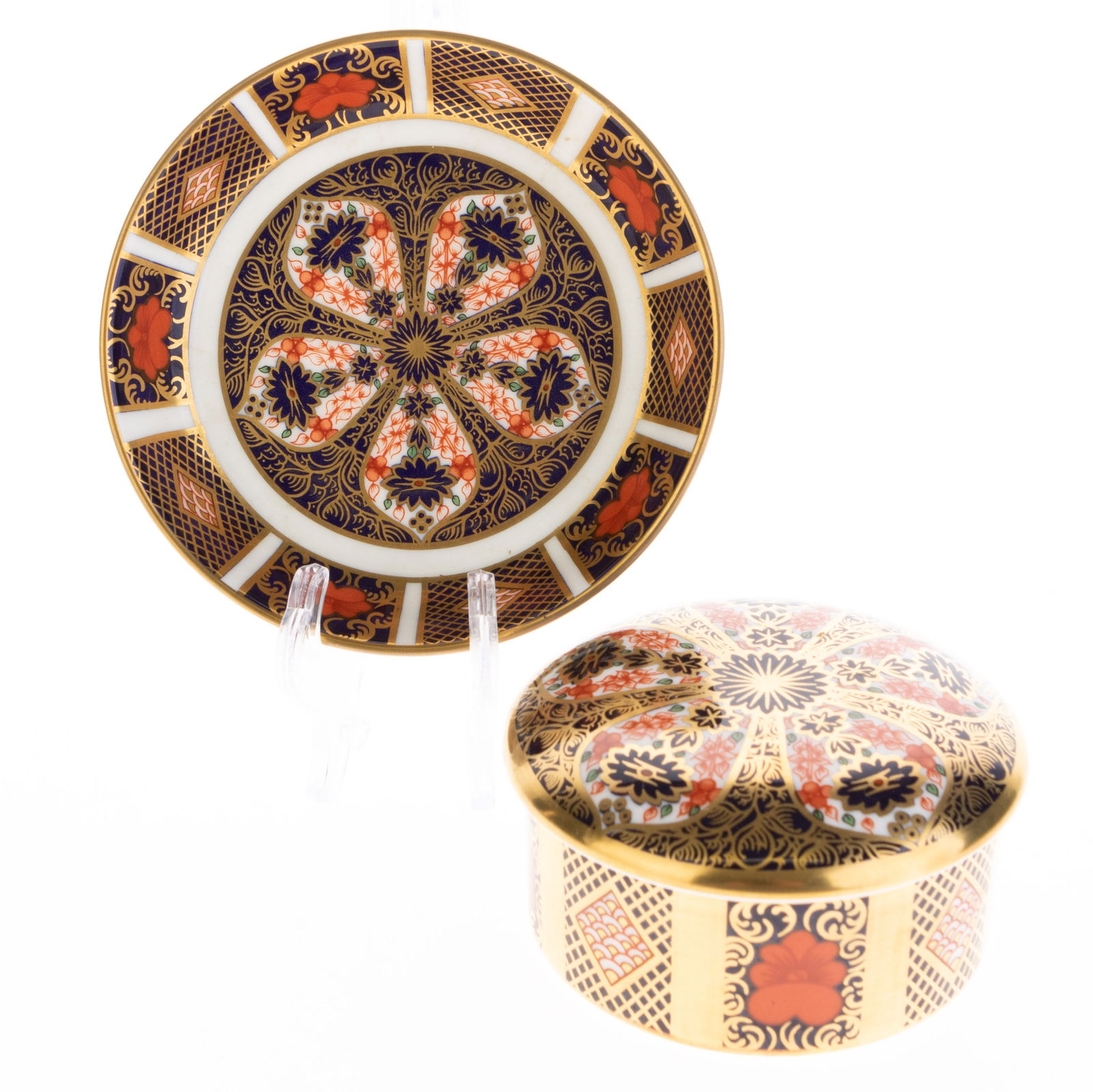 Royal Crown Derby Imari Pattern Fine Gilt Porcelain Lidded Trinket Box & Plate (1 of 4)