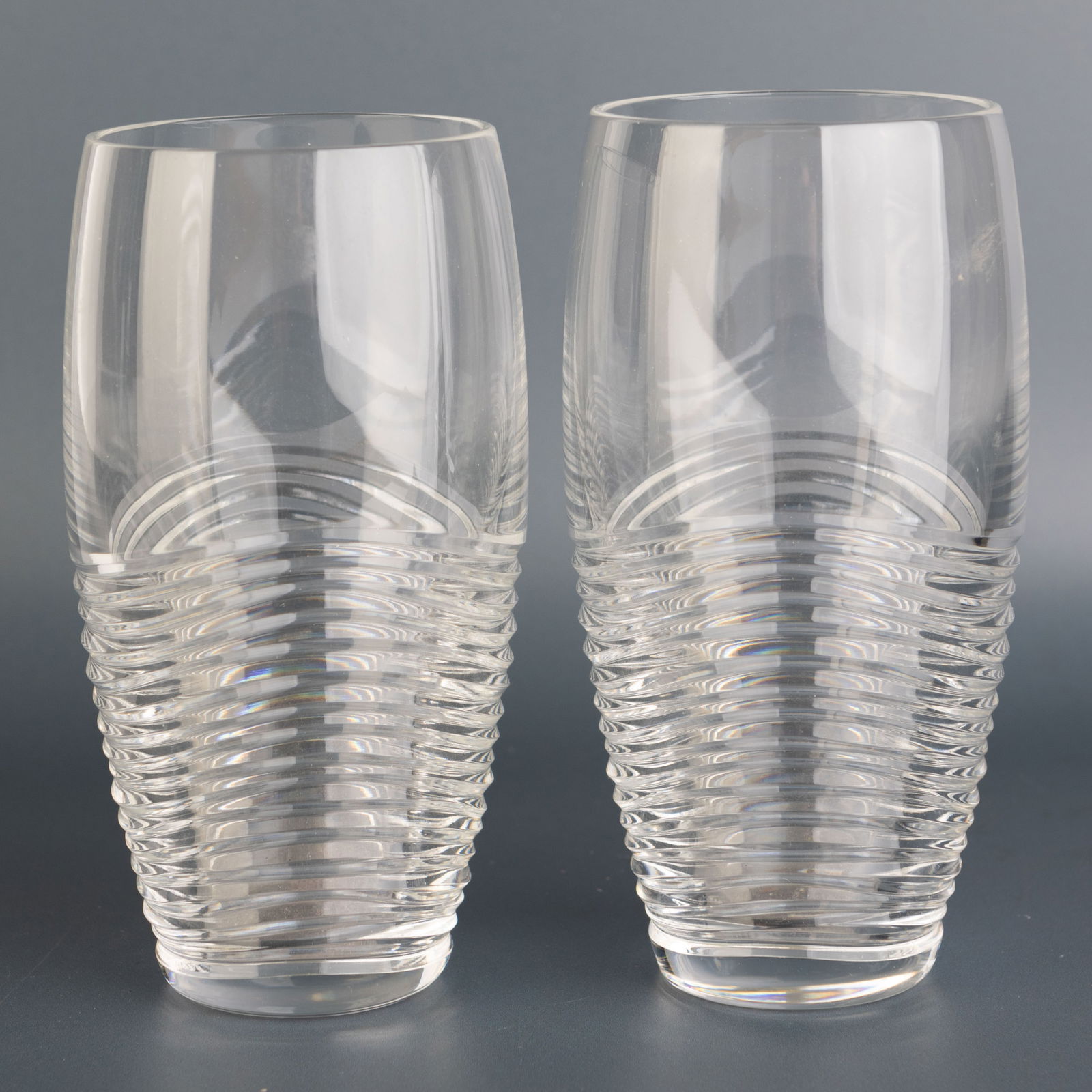 Mid Century "Strata" Drinking Glasses Designed By Jasper Conran For Waterford Crystal: (Height: 14.5 cm, Width: 7.5 cm) It is the responsibility of the Buyer to carefully examine each lot and form their own judgment regarding its condition, description, provenance, and authenticity prio