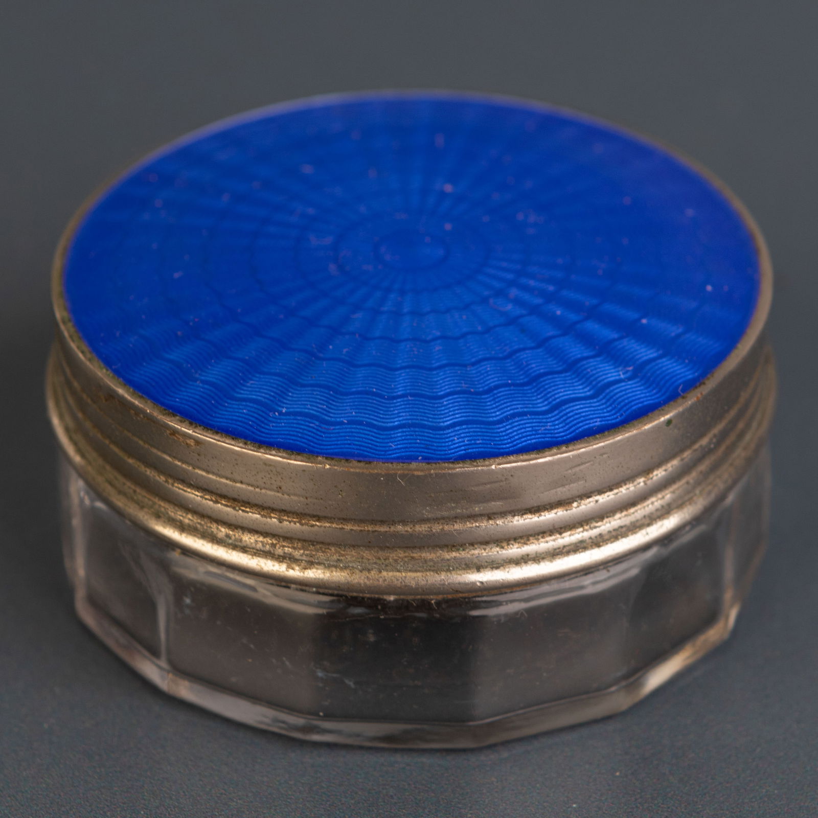 Art Deco 1930'S Glass Vanity Powder Jar With Blue Guilloche Enamel (1 of 5)