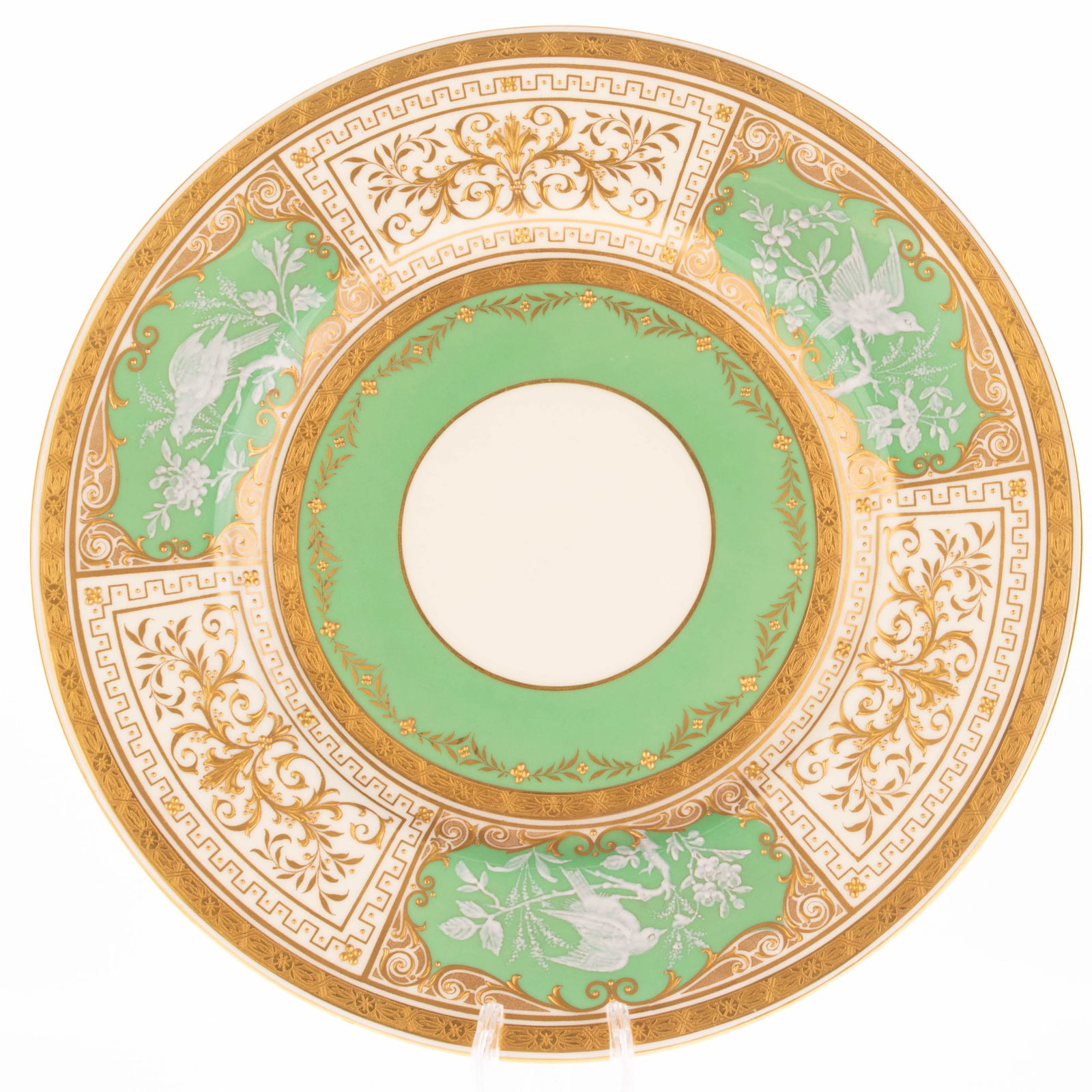 Minton Art Nouveau Fine Gold Hand Gilded Pate Sur Pate Porcelain Plate With Jade-Coloured Bird: (Height: nan cm, Width: nan cm) It is the responsibility of the Buyer to carefully examine each lot and form their own judgment regarding its condition, description, provenance, and authenticity prior