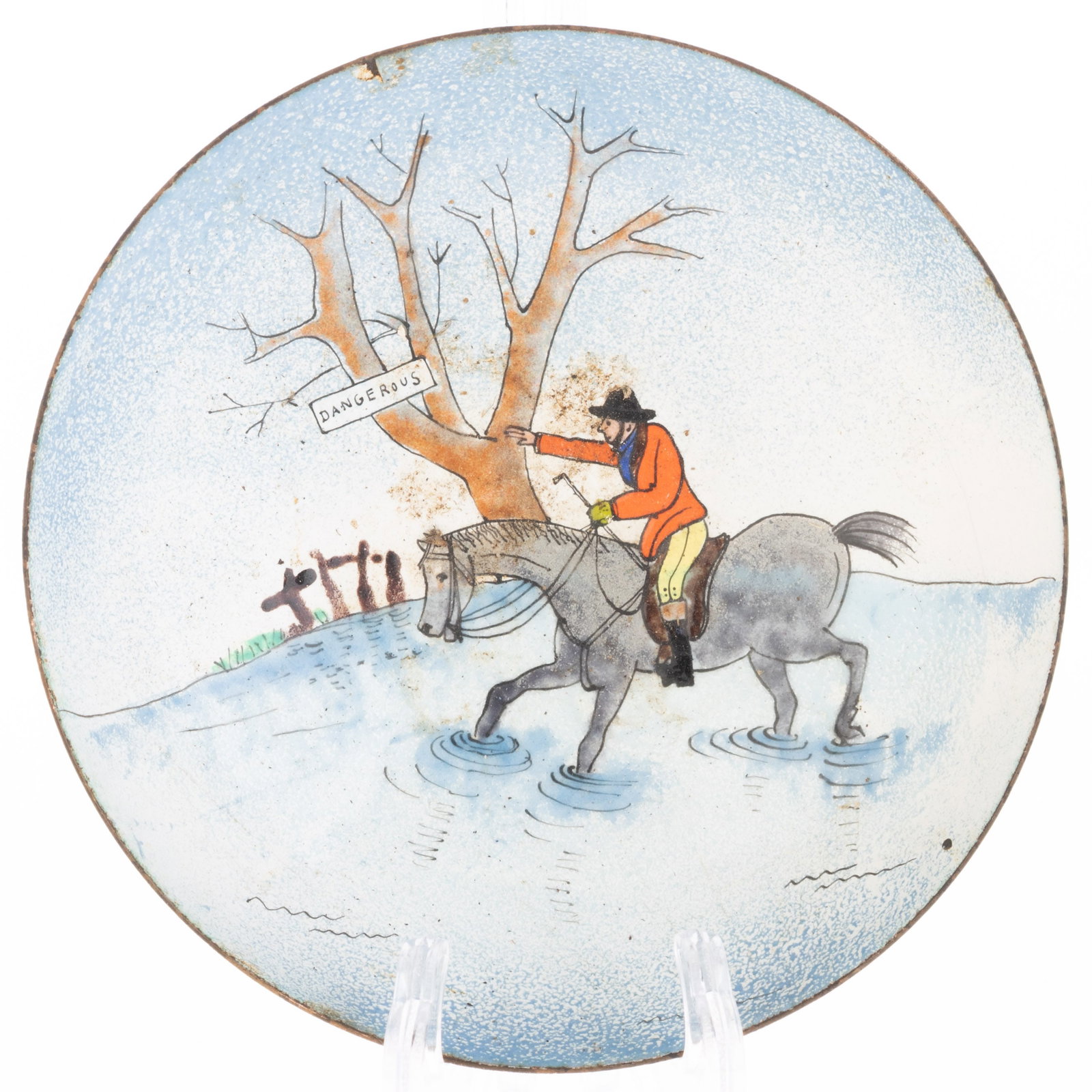 Vintage Comical Enamelled Bowl Depicting An Equestrian Rider In A Flooded Field: (Height: 11.5 cm, Width: 11.5 cm) It is the responsibility of the Buyer to carefully examine each lot and form their own judgment regarding its condition, description, provenance, and authenticity pri