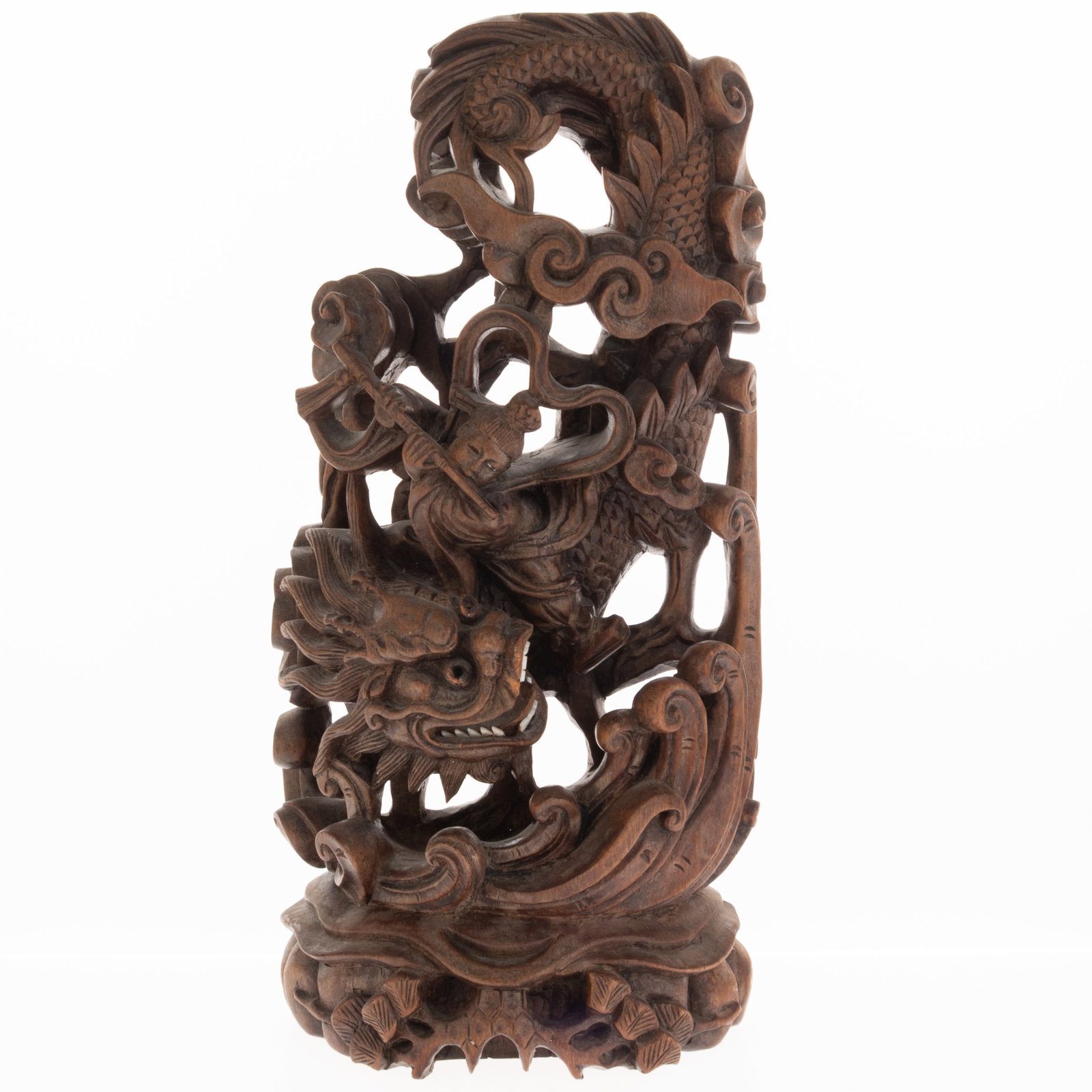 Antique Chinese Hand Carved Wood Sculpture Of An Immortal Riding A Dragon With Bone Teeth, Early: (Height: 30.0 cm, Width: 13.0 cm) It is the responsibility of the Buyer to carefully examine each lot and form their own judgment regarding its condition, description, provenance, and authenticity pri