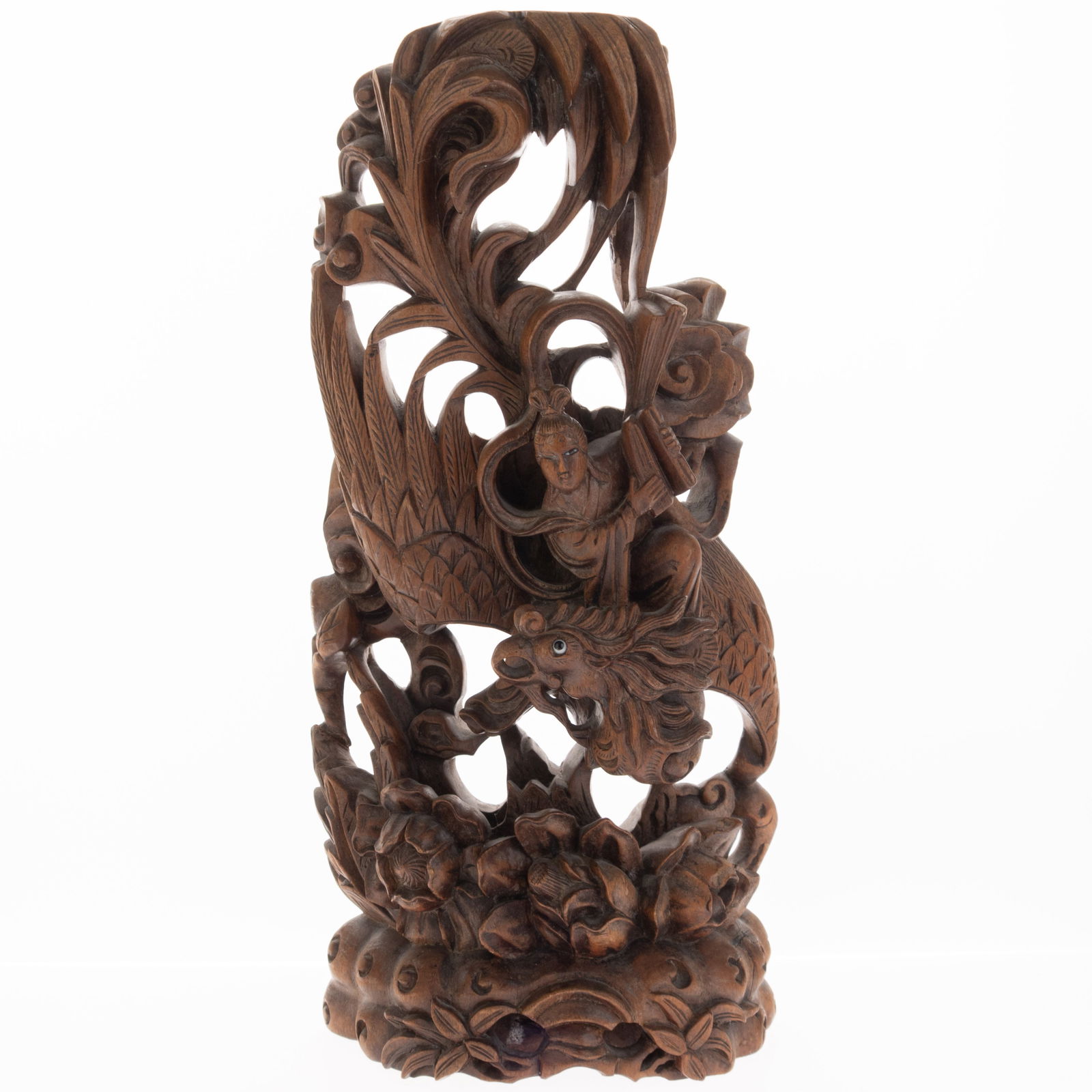 Antique Chinese Hand Carved Wood Sculpture Of An Immortal Riding Fenghuang, Early 20Th Century (1 of 5)