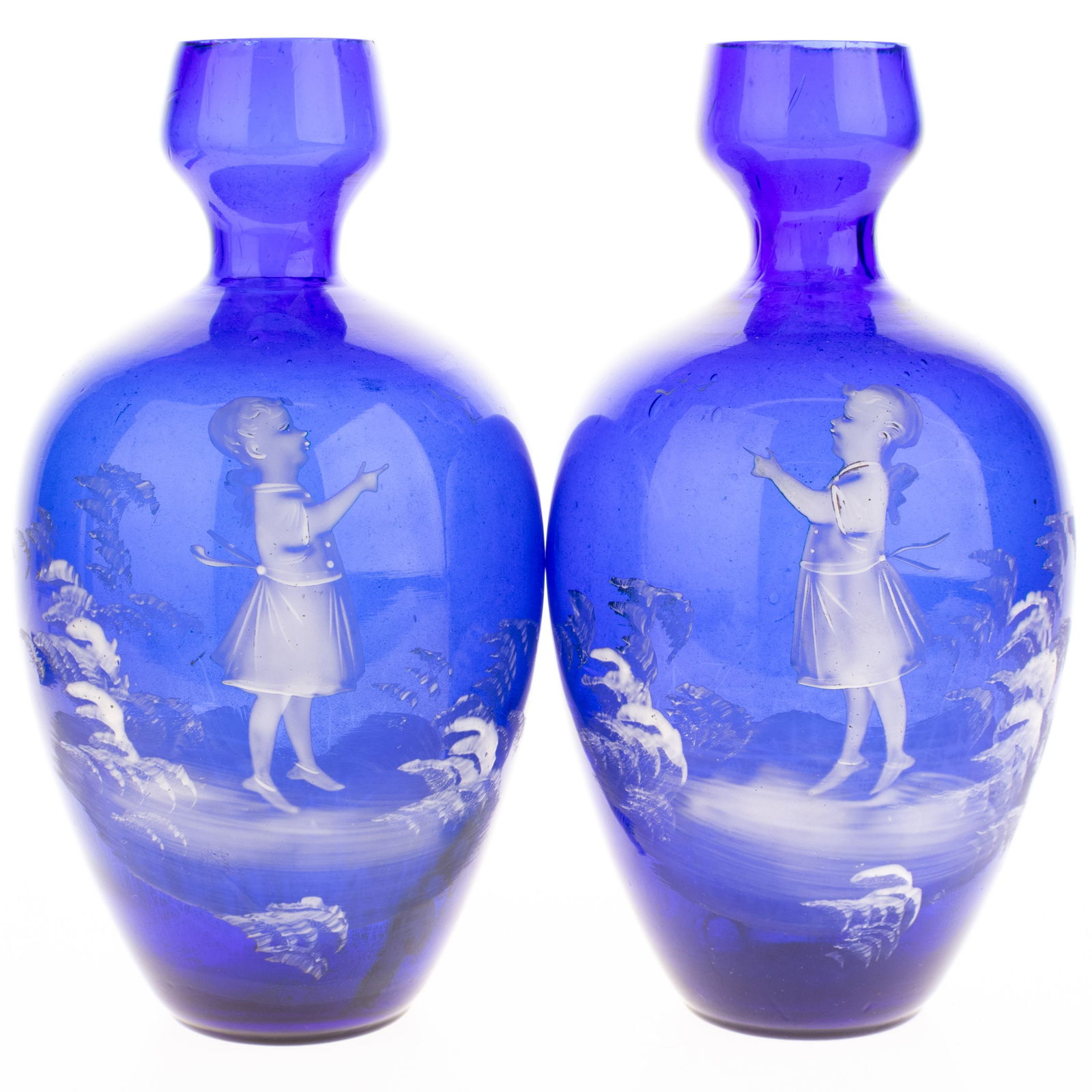 Antique Mary Gregory Cobalt Blue Enamel Painted Glass Baluster Vases 19Th Century (1 of 4)