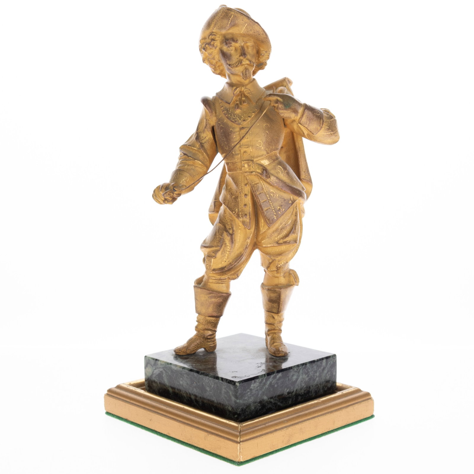 Antique Spanish Gilt Bronze Sculpture Of A Cavalier Late 19Th Century: (Height: 21.5 cm, Width: 10.0 cm) It is the responsibility of the Buyer to carefully examine each lot and form their own judgment regarding its condition, description, provenance, and authenticity pri