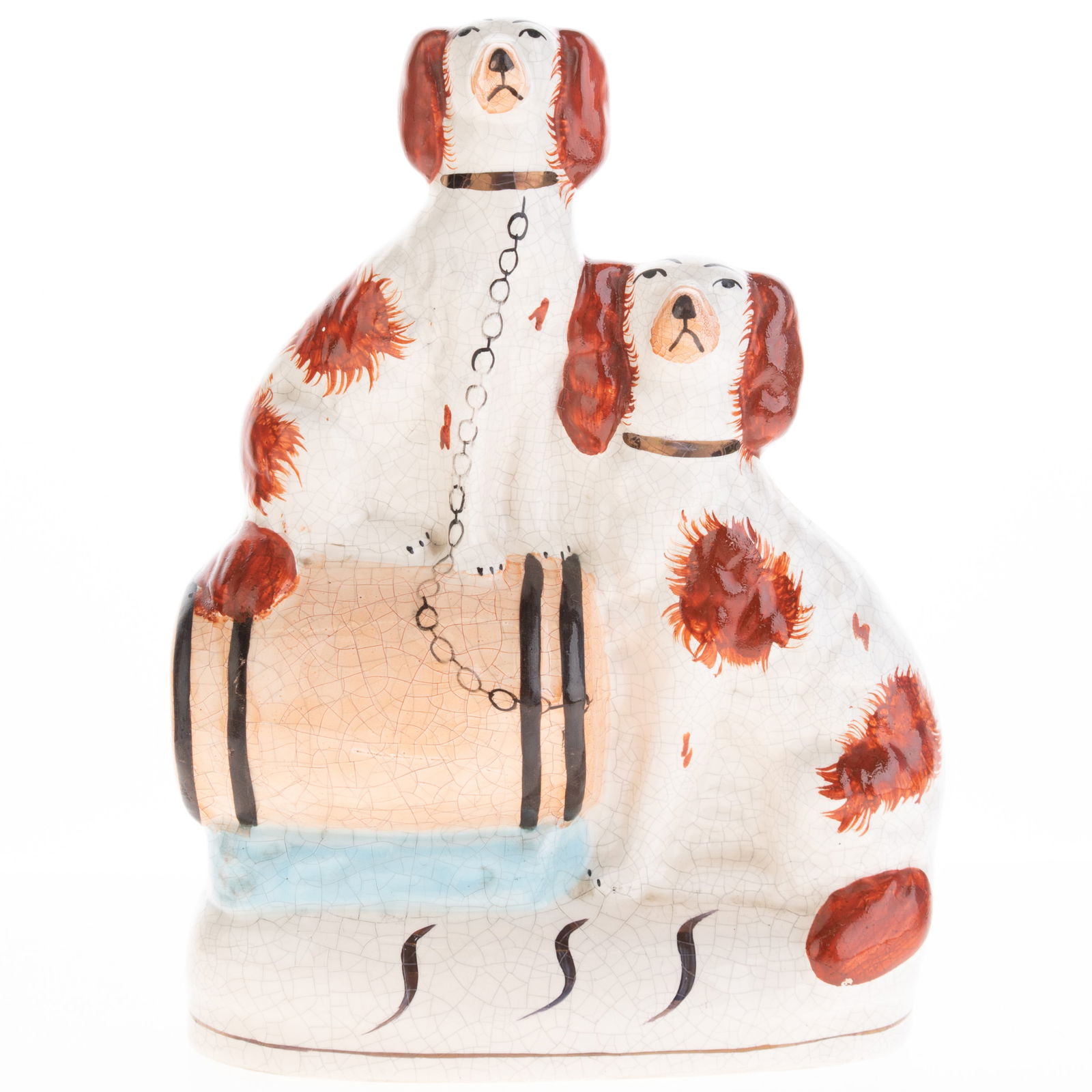 Antique Mid 19Th Century Staffordshire Hand Painted Pottery Figurine Of Two Spaniels On A Barrel (1 of 5)