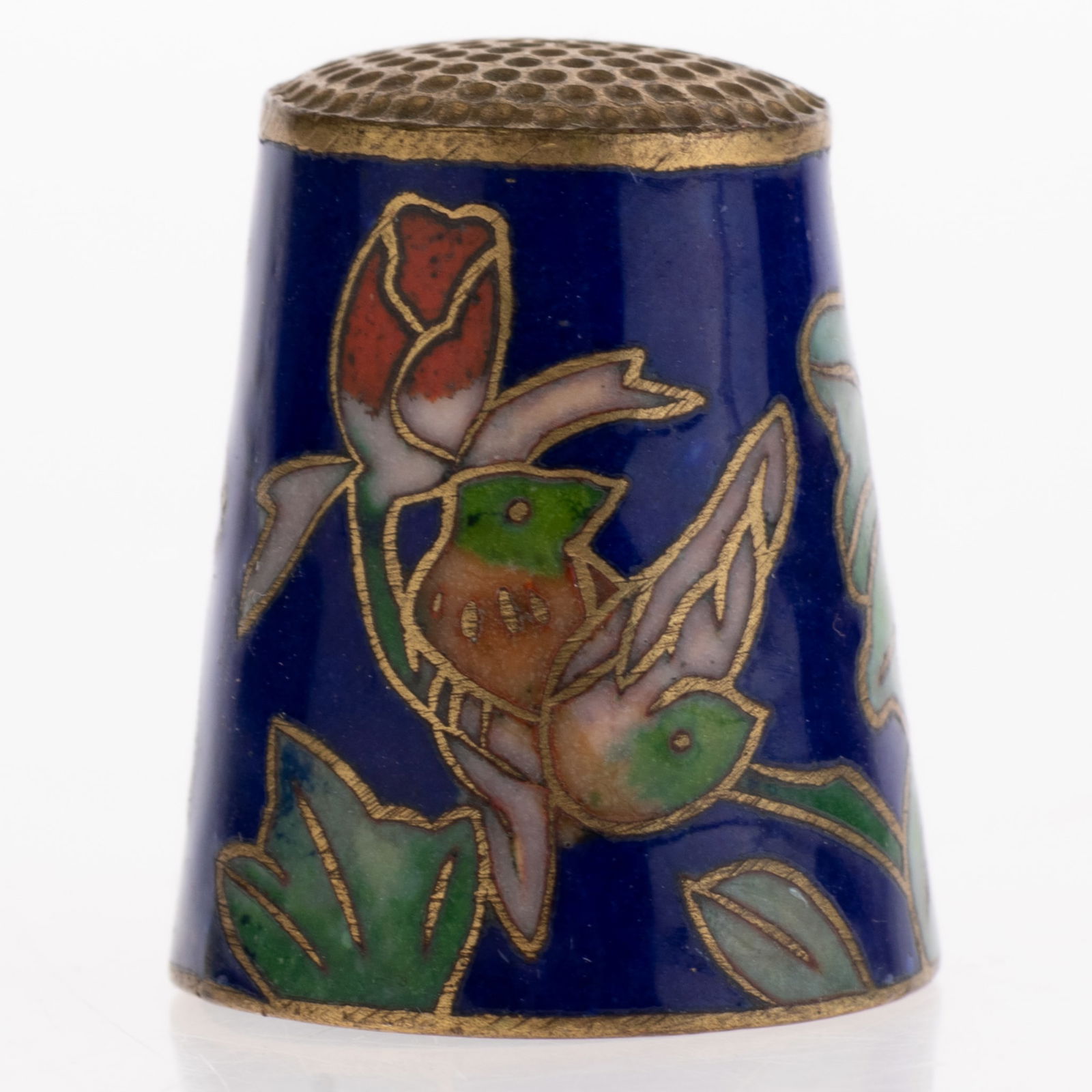 Mid Century Chinese Cloisonne Enameled Thimble: (Height: 2.5 cm, Width: 2.0 cm) It is the responsibility of the Buyer to carefully examine each lot and form their own judgment regarding its condition, description, provenance, and authenticity prior