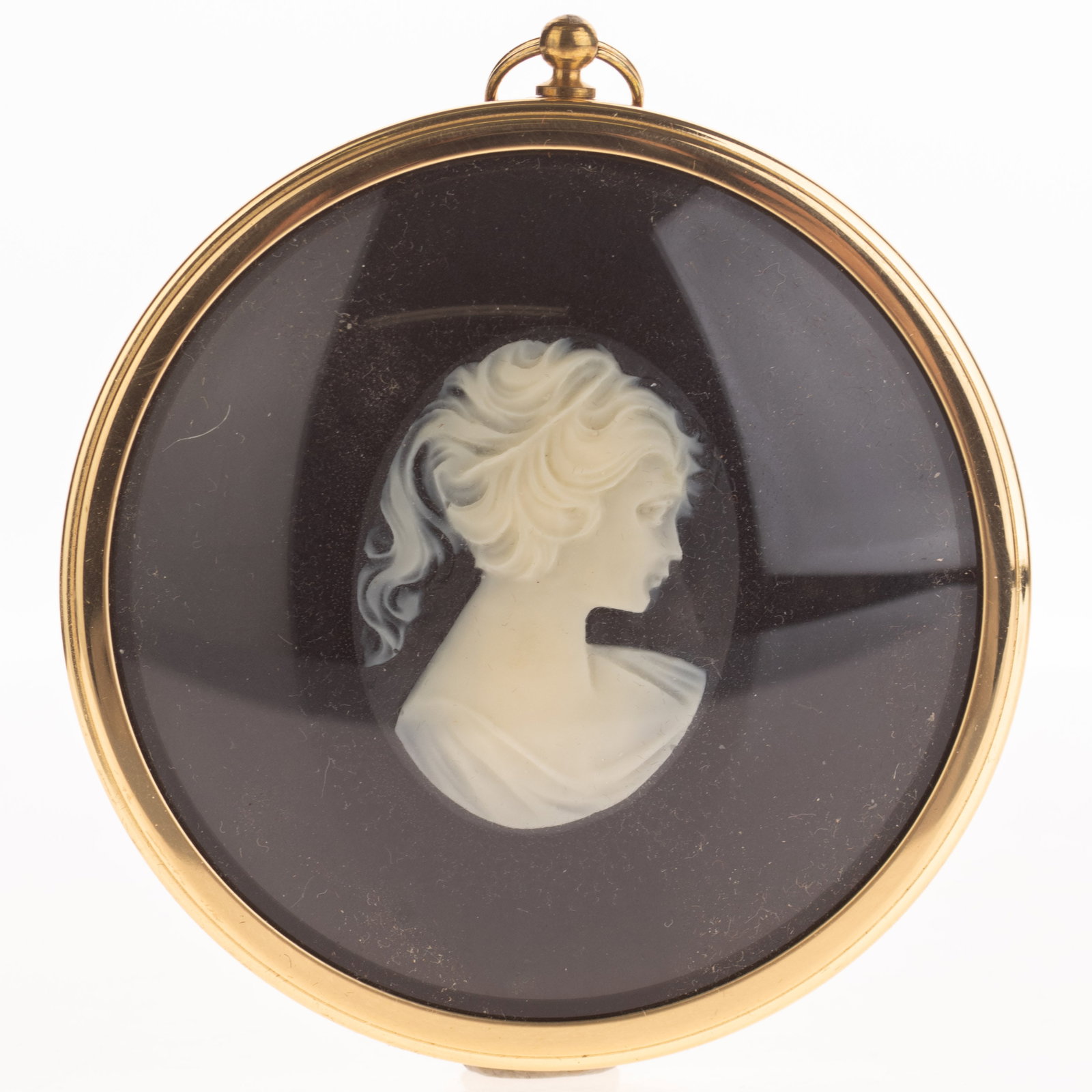 Antique Pony-Tailed Girl Portrait Framed Cameo: (Height: 8.0 cm, Width: 7.5 cm) It is the responsibility of the Buyer to carefully examine each lot and form their own judgment regarding its condition, description, provenance, and authenticity prior