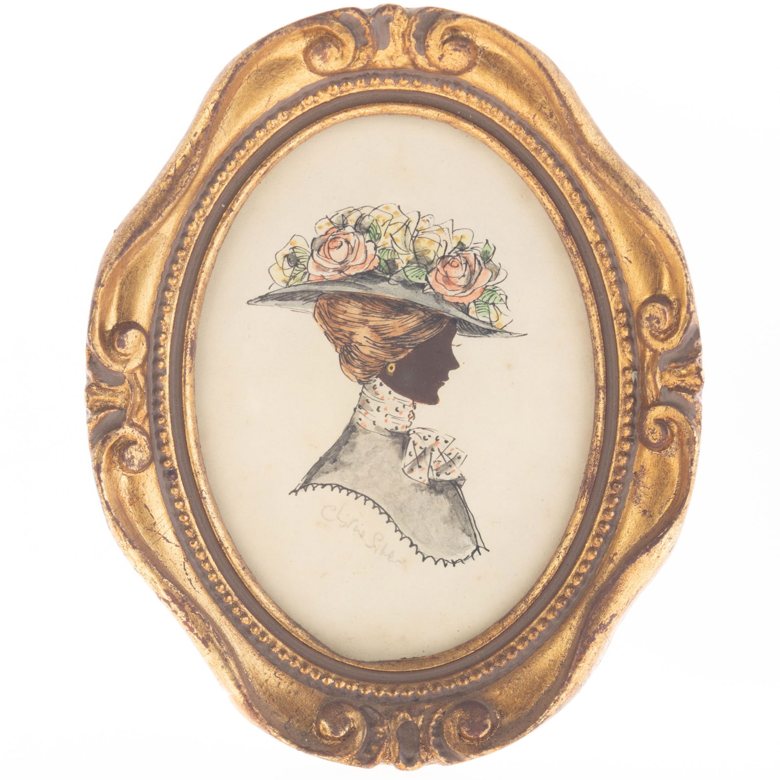 Vintage Hand Painted Watercolour Miniature Silhouette Painting Signed Christine In Gilded Wood Frame