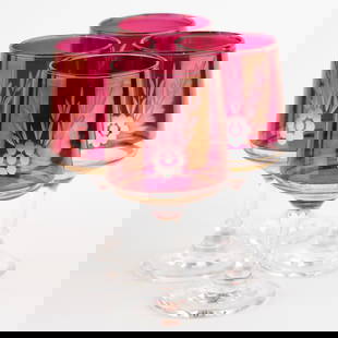 Mid Century Vintage Set Of Four Etched Cranberry Wine Glasses: It is the responsibility of the Buyer to carefully examine each lot and form their own judgment regarding its condition, description, provenance, and authenticity prior to making a purchase. We welcom
