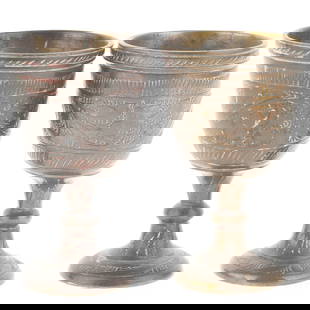Early 20Th Century Set Of Indian Cold Painted & Engraved Brass Goblets: It is the responsibility of the Buyer to carefully examine each lot and form their own judgment regarding its condition, description, provenance, and authenticity prior to making a purchase. We welcom
