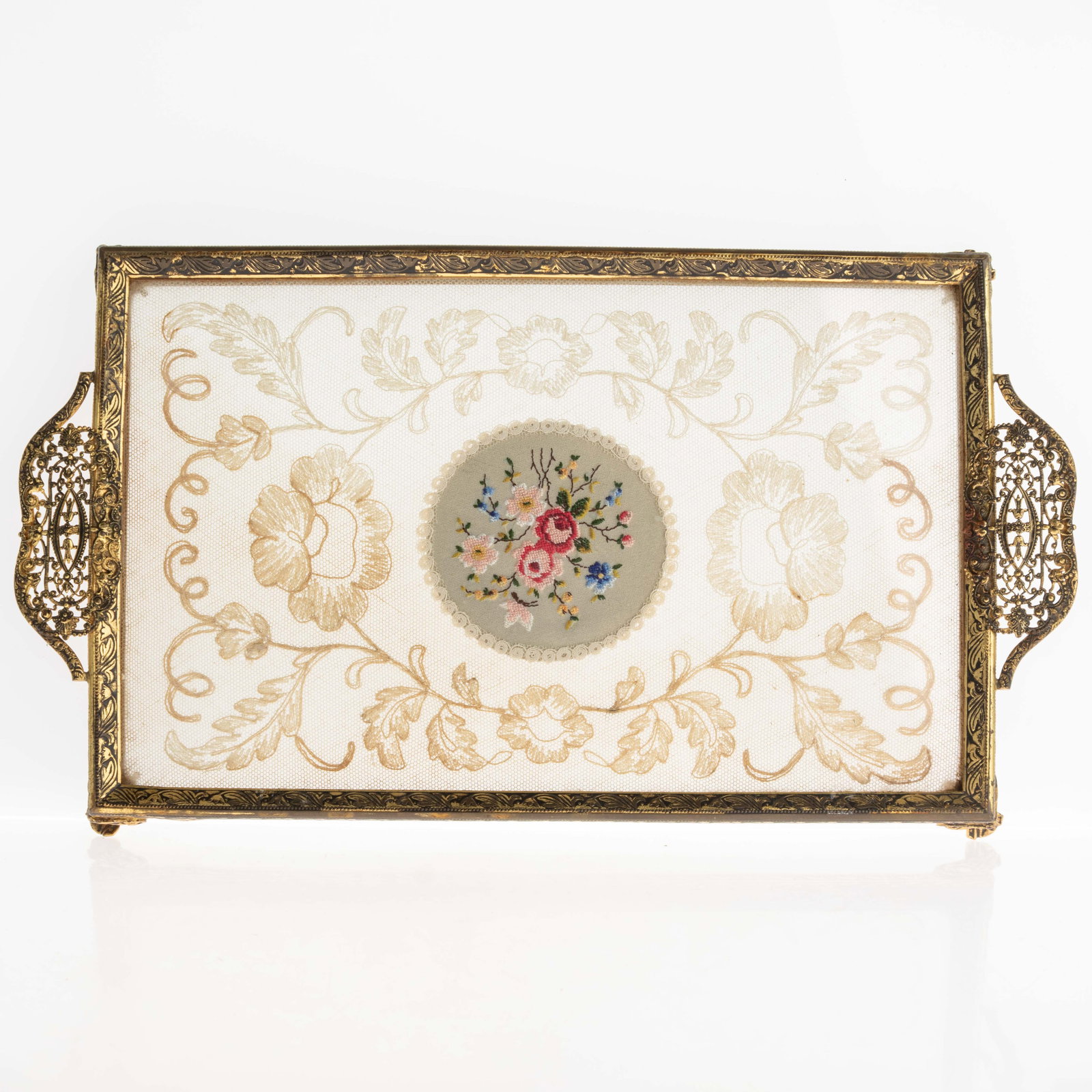 Antique Art Nouveau Petit Point Lace Vanity Tray With Gilt Filigree Handles (1 of 6)