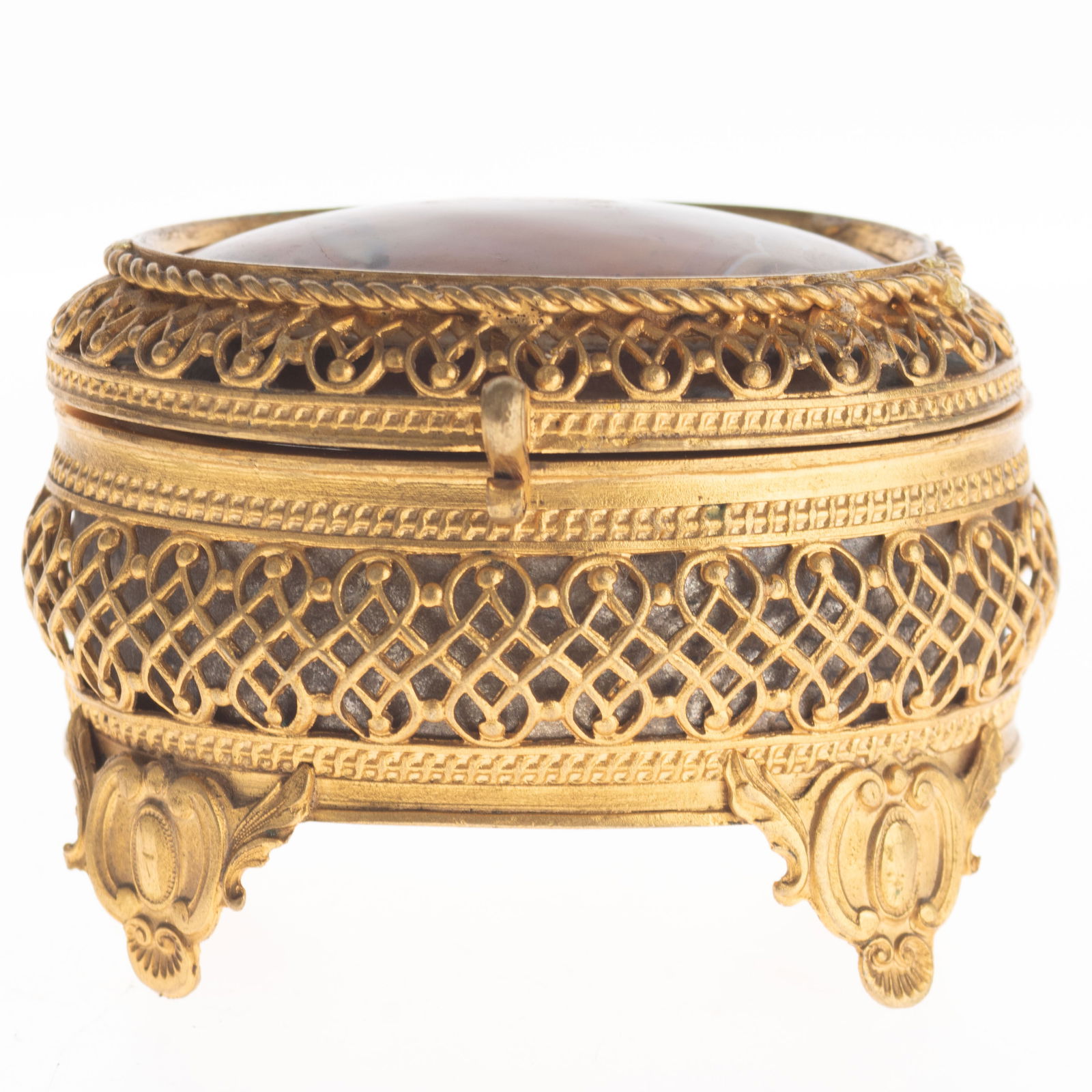 Antique Victorian Ormolu Filigree Jewellery Box With Inset Banded Agate Circa 1880 (1 of 6)