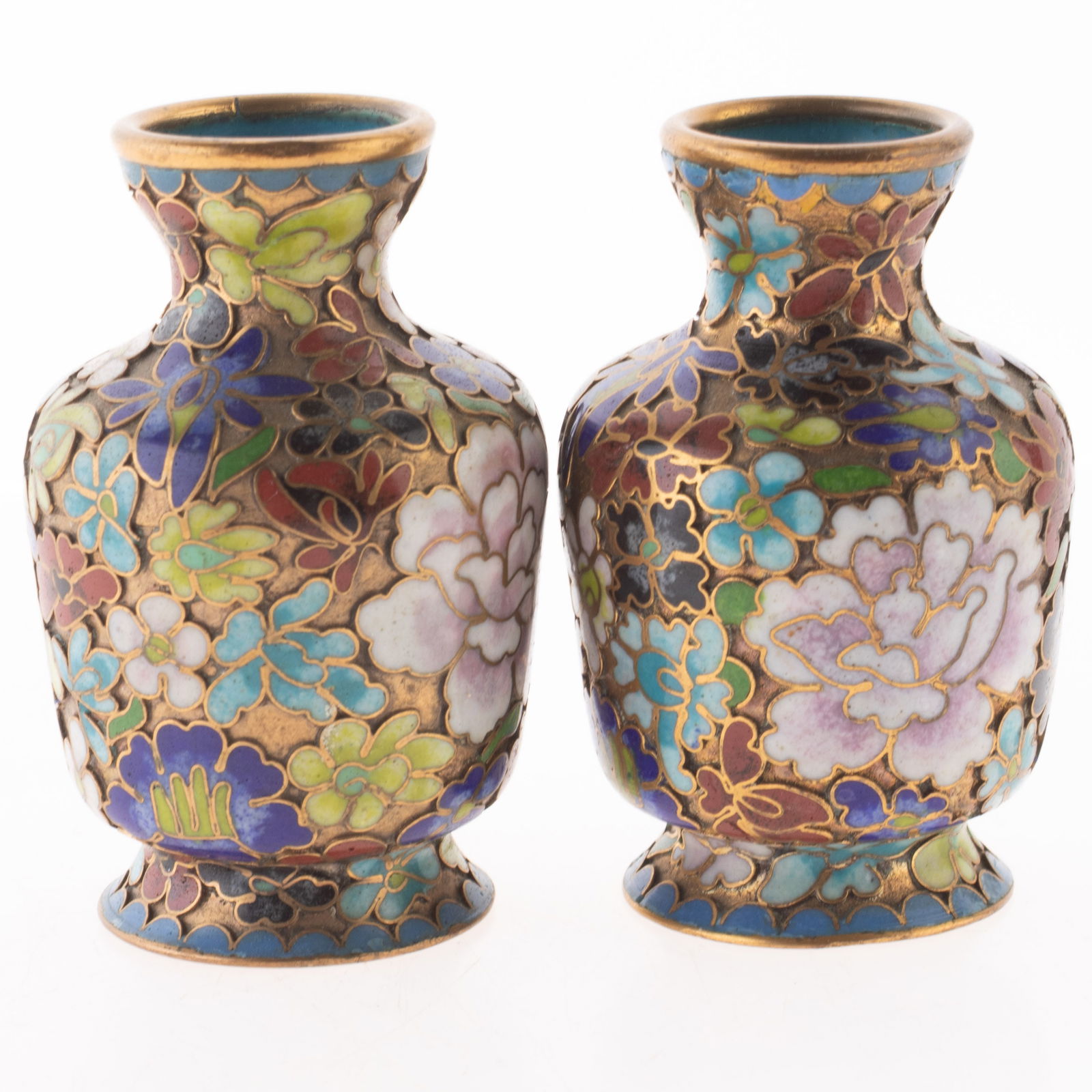 Mid Century Set Of Chinese Champleve Enameled Gilt Cloisonne Vases: It is the responsibility of the Buyer to carefully examine each lot and form their own judgment regarding its condition, description, provenance, and authenticity prior to making a purchase. We welcom