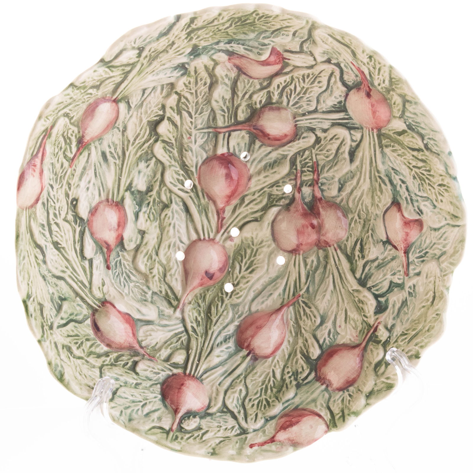 Mid Century Vintage Glazed Majolica Faience Pottery Radish Drainer Bowl: It is the responsibility of the Buyer to carefully examine each lot and form their own judgment regarding its condition, description, provenance, and authenticity prior to making a purchase. We welcom