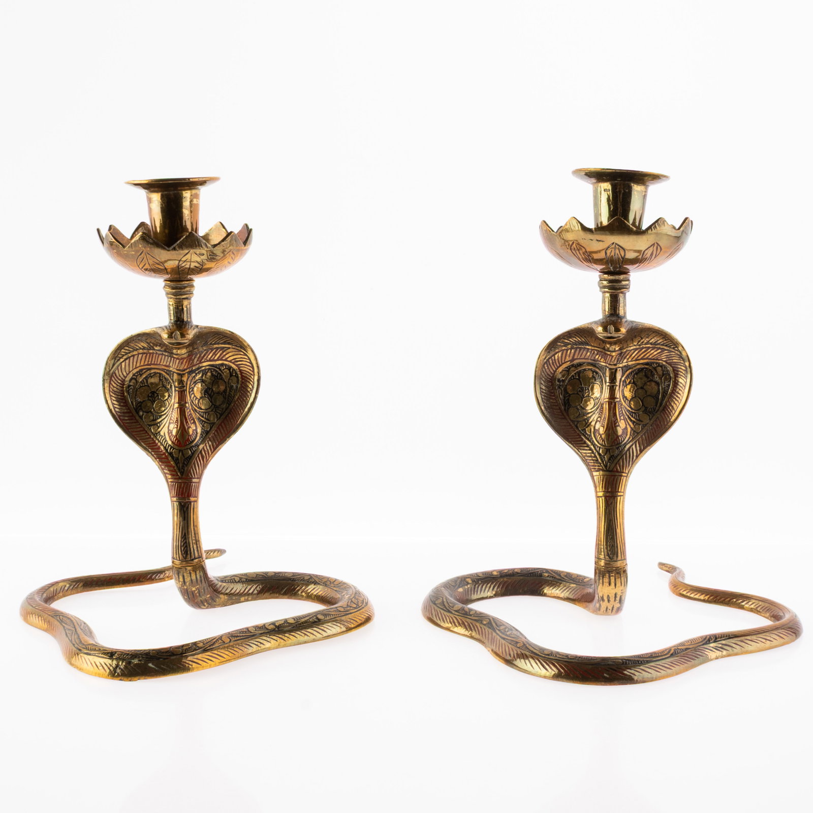 Mid Century Set Of Indian Engraved & Cold Painted Brass Cobra Snakes Candlesticks (1 of 6)