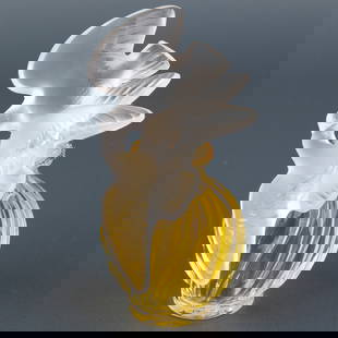 Lalique French Frosted Crystal Glass Perfume Scent Bottle With Birds Sculpture Top: Height: 10.5 cm, Width: 5.5 cm. This refined lalique french frosted crystal glass perfume scent bottle with birds sculpture top illustrates a harmony of form and function, typical of the timeless mid-