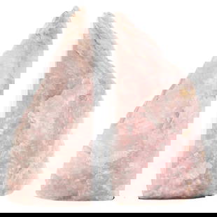 Natural Pink Quartz Geode Mineral Specimen Bookends: Height: 14.0 cm, Width: 8.0 cm. Crafted with care and aesthetic intention, this natural pink quartz geode mineral specimen bookends evokes the charm and quality typical of mid-century decorative arts.