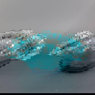 Mid Century Vintage Blue Glass Ruffled Bowl: (Height: 6.5 cm, Width: 13.0 cm) A beautiful example of mid century vintage blue glass ruffled bowl, this piece showcases the iconic elegance and functionality of mid-century craftsmanship. It is the