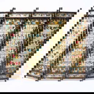 Antique Folding Screen ? Victorian Scrap Collage Panels: An extraordinary conversation piece, this four-panel antique folding screen showcases a vivid collage of 19th-century printed scraps. Featuring Victorian portraiture, heraldic crests, floral motifs, a