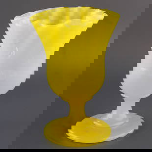 Bright Yellow Ruffled Edge Glass Goblet Vase: A beautifully decorated vase that reflects classic artistry, ideal for floral arrangements or as a standalone decorative piece. It is the responsibility of the Buyer to carefully examine each lot and