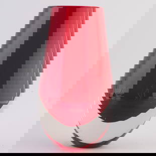 Vibrant Ruby Red Art Glass Vase with Clear Cut Base: A beautifully decorated vase that reflects classic artistry, ideal for floral arrangements or as a standalone decorative piece. It is the responsibility of the Buyer to carefully examine each lot and