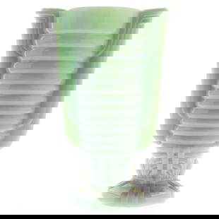 Art Deco Green Jadite Glass Vase with Ribbed Geometric Design: A beautifully decorated vase that reflects classic artistry, ideal for floral arrangements or as a standalone decorative piece. It is the responsibility of the Buyer to carefully examine each lot and