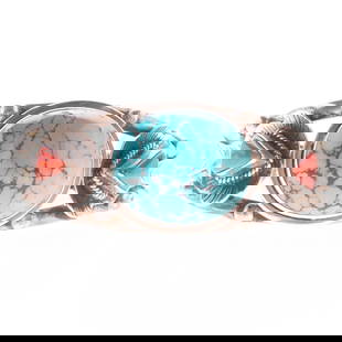 Native American Sterling Silver Cuff Bracelet Turquoise & Coral: Bold and beautifully detailed, this handcrafted Native American cuff bracelet features genuine turquoise and coral stones—a powerful piece of Southwestern jewelry. It is the responsibility of the Bu