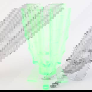 Vintage Art Deco Green Uranium Glass Vase - Geometric Design: Striking vintage Art Deco green uranium glass vase with geometric patterns—collectible and glowing under UV light. It is the responsibility of the Buyer to carefully examine each lot and form their