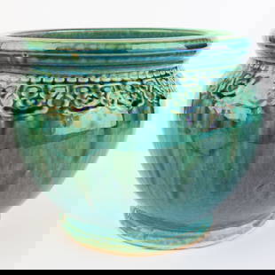 Vintage Green Majolica Jardiniere Planter - Embossed Glazed Ceramic Pot: Charming vintage green majolica jardinière planter with embossed floral design—ideal for garden or indoor plants. It is the responsibility of the Buyer to carefully examine each lot and form their