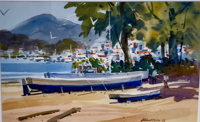 Master RI Watercolorist, Evald Albrektson: Artist: Evald (Al) Albrektson, Swedish/American, 1919-2022. Title: Boats in for Repair, Greece. Watercolor on paper. Signed lower right. Titled verso. Dimensions: 12" x 18", mated & framed under glass