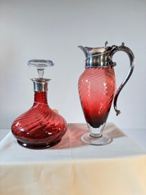 Barker Ellis Cranberry Glass with Silver Accents Pitcher and Carafe