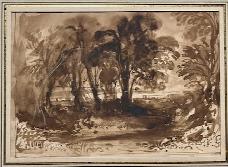 John Varley Sepia Landscape: Artist: John Varley (British, 1778 - 1842). Title: Landscape. Sepia wash on paper. Dimensions: 6 1/4" x 9". Matted and framed: 14" x 16". Varley was a British landscape artist who played a key role in