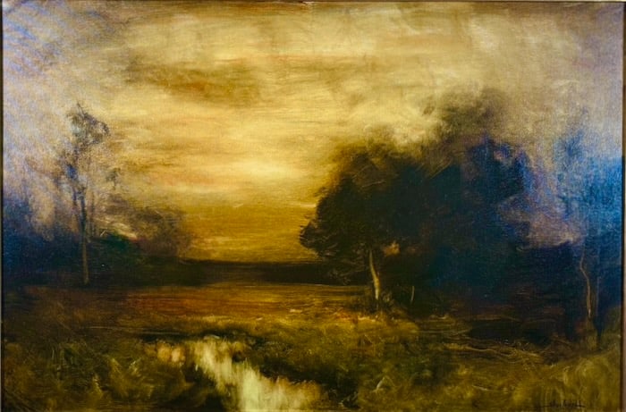 Dennis Sheehan, Twilight: Artist: Dennis Sheehan (American, b.1950). Title: Twilight. Oil on canvas. Signed lower right. Titled verso. Dimensions: 23 1/4" x 35 1/4"; 32" x 45". A tonalist landscape in an old gilt frame. Dennis
