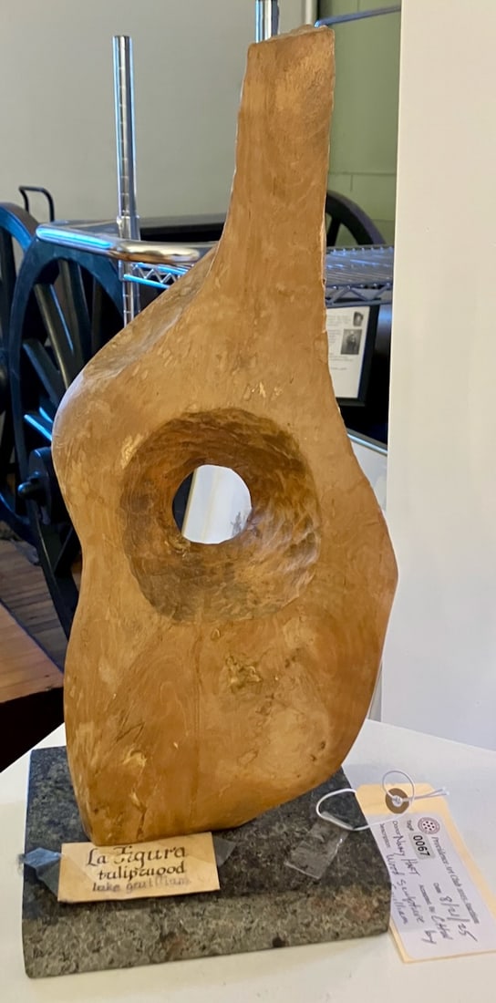 1950s Sculptor Luke Gwilliam: Artist: Luke Gwilliam (American, 1911-1989). Abstract work. Title: La Figura. TulipMedium: wood on marble base. Signed. Dimensions: 16" x 8" x 6". Gwilliam was a modernist painter and sculptor who wor